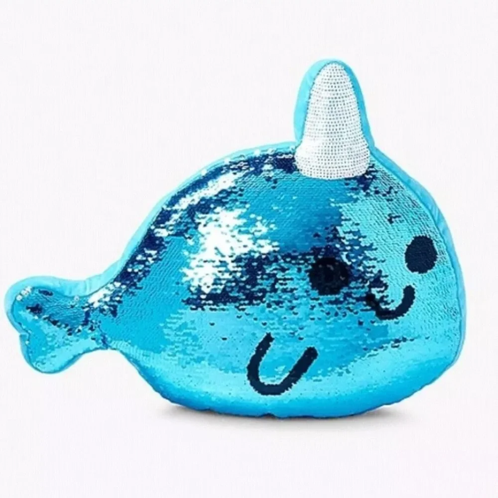 Justice Narwhal Reversible Sequin Flip Blue Silver Unicorn Fish Pillow Kawaii